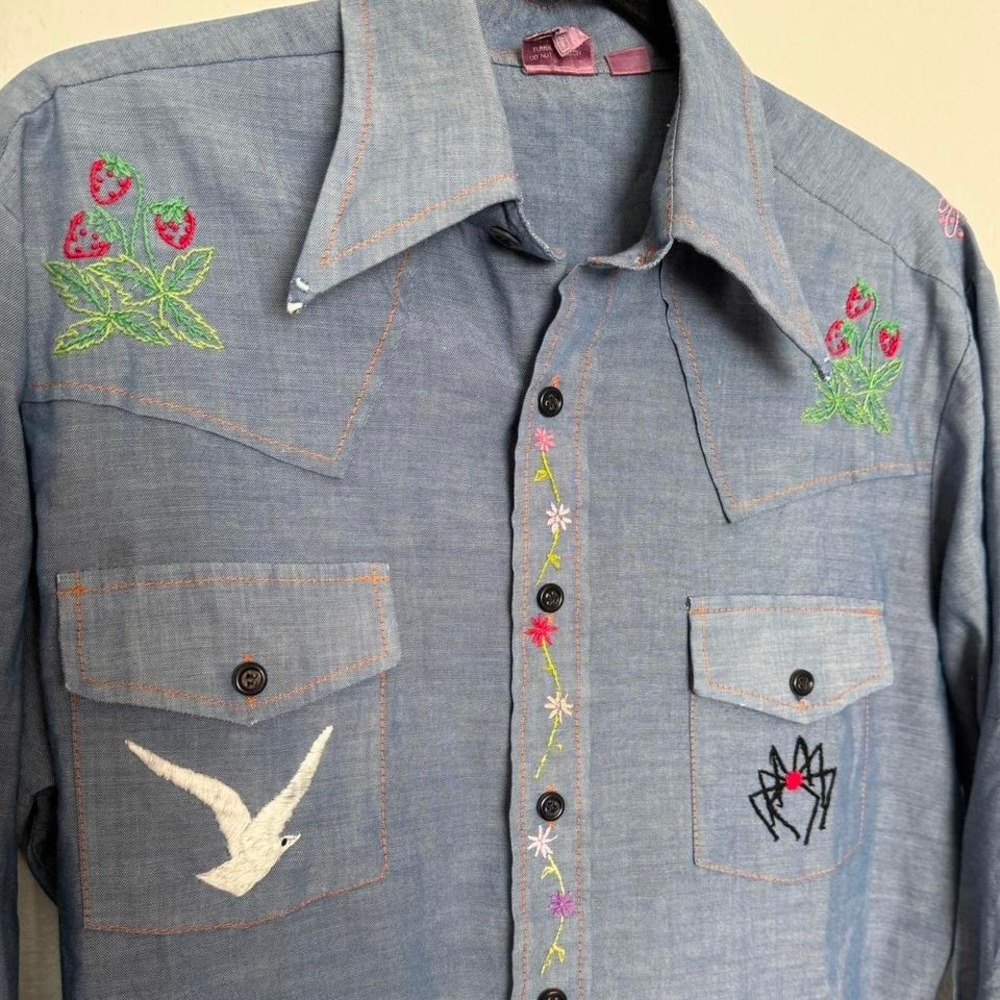 Vintage 70s Embroidered Chambray Western Shirt Oversized Folk